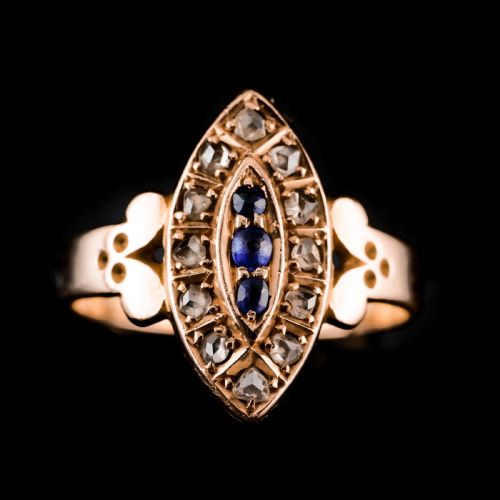 fig 3. Stylish Antique Victorian 15K Sapphire and Diamond Navette Ring - 1893