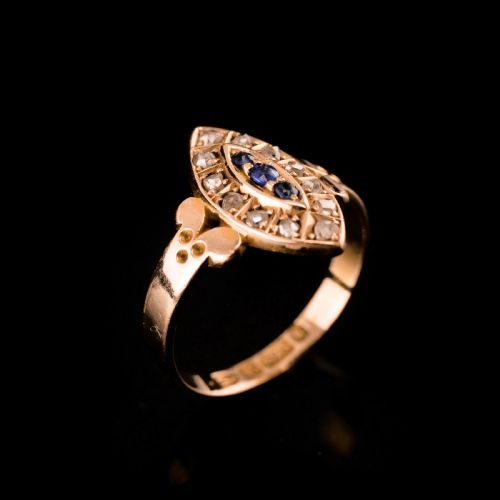 fig 4. Stylish Antique Victorian 15K Sapphire and Diamond Navette Ring - 1893