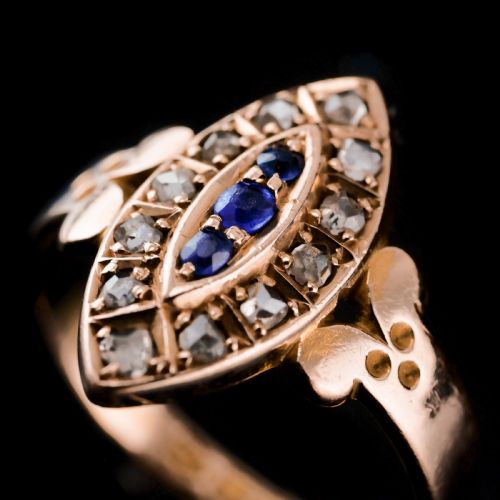 fig 6. Stylish Antique Victorian 15K Sapphire and Diamond Navette Ring - 1893