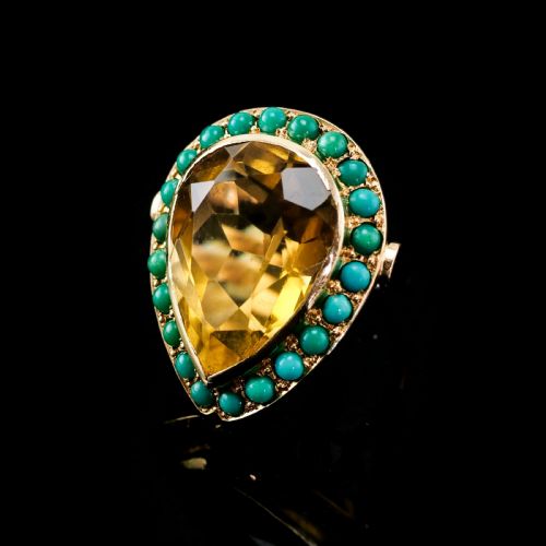 Huge Citrine (~17ct) and Turquoise 18k Gold Ring Pear Cut