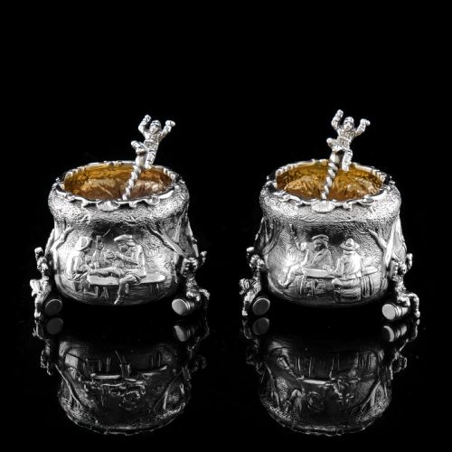 Rare Antique Victorian Solid Silver 'Teniers Pattern' Salt Cellars - F B Thomas & Co 1882