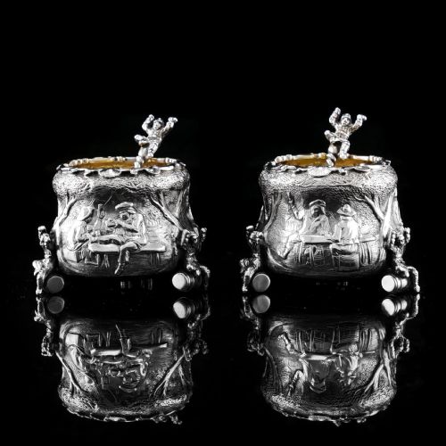 fig 2. Rare Antique Victorian Solid Silver 'Teniers Pattern' Salt Cellars - F B Thomas & Co 1882