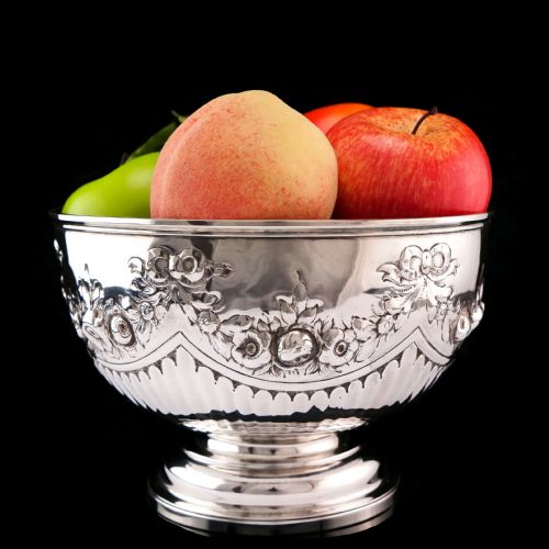 fig 1. Antique Solid Silver Bowl with Victorian Decorations - Charles Stuart Harris 1895