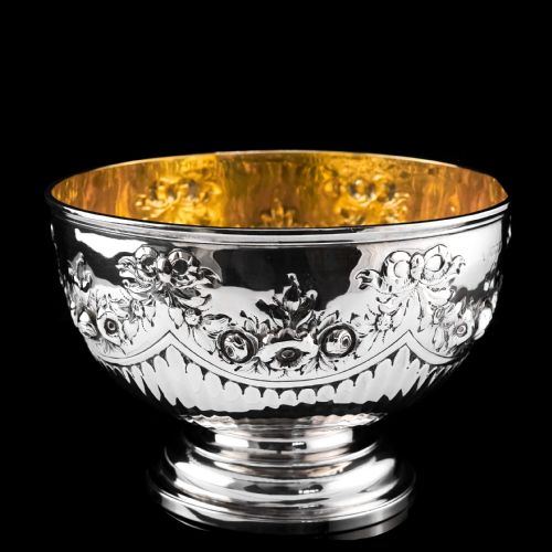 fig 3. Antique Solid Silver Bowl with Victorian Decorations - Charles Stuart Harris 1895