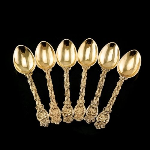 Antique Victorian Solid Silver Gilt 6 Teaspoons with Magnificent Grape Vine Design - Charles Boyton 1883