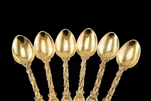 fig 1. Antique Victorian Solid Silver Gilt 6 Teaspoons with Magnificent Grape Vine Design - Charles Boyton 1883