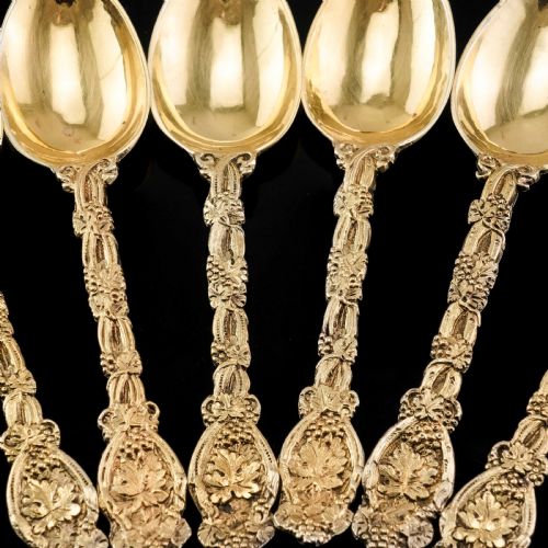 fig 2. Antique Victorian Solid Silver Gilt 6 Teaspoons with Magnificent Grape Vine Design - Charles Boyton 1883