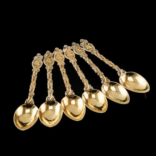 fig 3. Antique Victorian Solid Silver Gilt 6 Teaspoons with Magnificent Grape Vine Design - Charles Boyton 1883