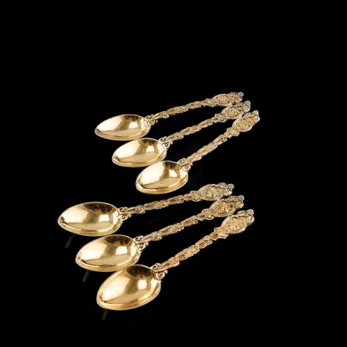 fig 4. Antique Victorian Solid Silver Gilt 6 Teaspoons with Magnificent Grape Vine Design - Charles Boyton 1883