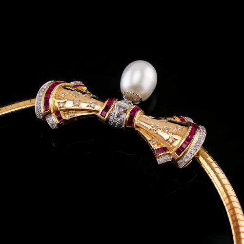 A MARVELLOUS VINTAGE 18K GOLD RUBY DIAMOND PEARL BOW NECKLACE - ADDITIONAL PHOTO 9
