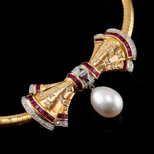 A MARVELLOUS VINTAGE 18K GOLD RUBY DIAMOND PEARL BOW NECKLACE - ADDITIONAL PHOTO 10