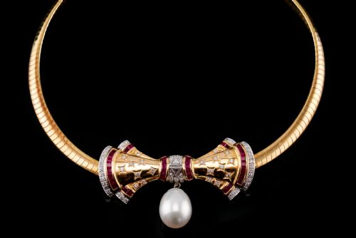 A MARVELLOUS VINTAGE 18K GOLD RUBY DIAMOND PEARL BOW NECKLACE - ADDITIONAL PHOTO 14