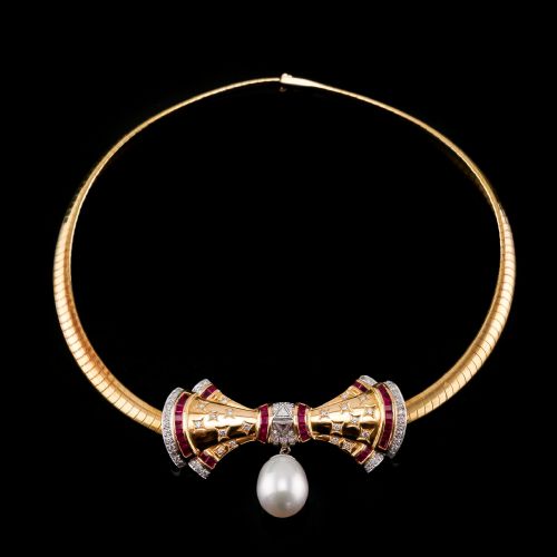 A MARVELLOUS VINTAGE 18K GOLD RUBY DIAMOND PEARL BOW NECKLACE - ADDITIONAL PHOTO 15
