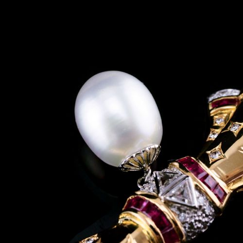 A MARVELLOUS VINTAGE 18K GOLD RUBY DIAMOND PEARL BOW NECKLACE - ADDITIONAL PHOTO 22