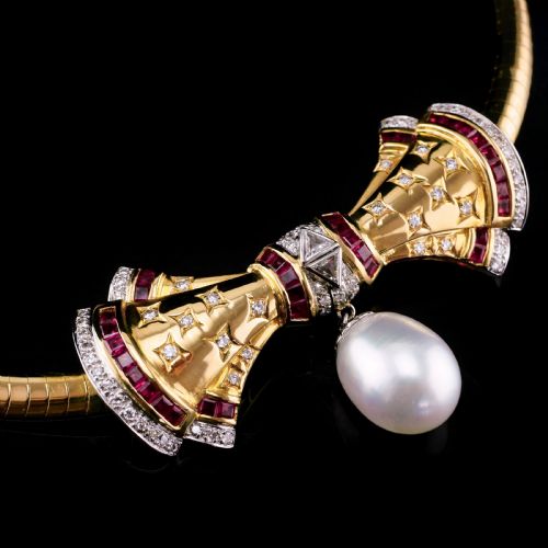 A MARVELLOUS VINTAGE 18K GOLD RUBY DIAMOND PEARL BOW NECKLACE - ADDITIONAL PHOTO 23
