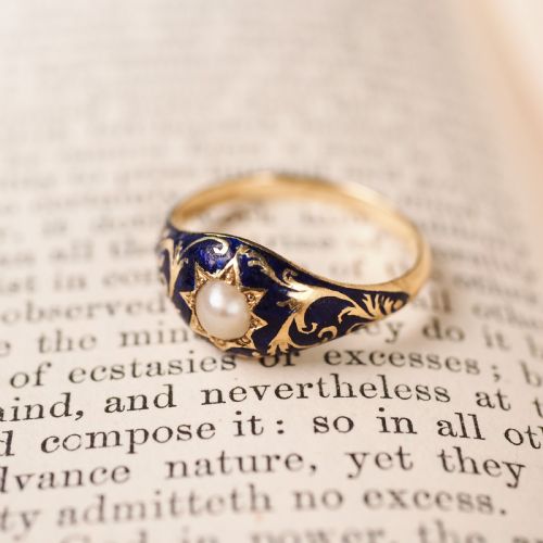 fig 1. A Fabulous Antique Victorian 18K Gold Enamel & Pearl Ring with Scrolled Decorations - c.1880