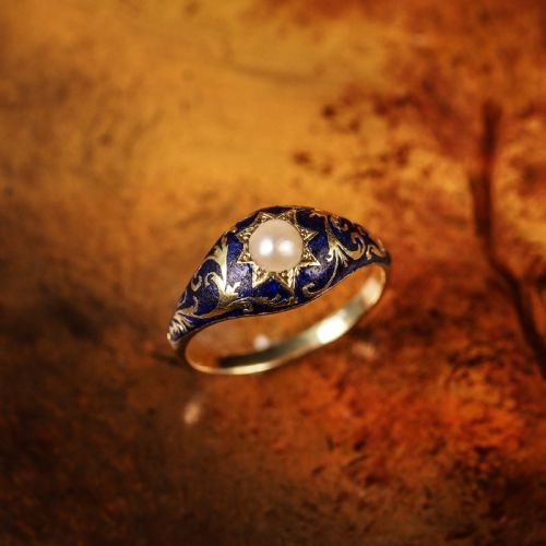 fig 2. A Fabulous Antique Victorian 18K Gold Enamel & Pearl Ring with Scrolled Decorations - c.1880