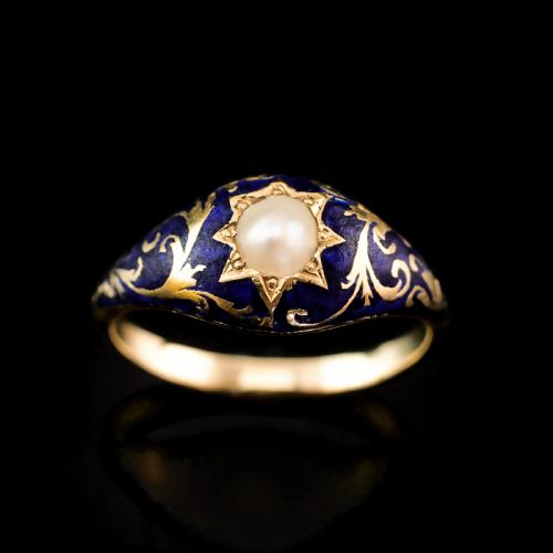 fig 3. A Fabulous Antique Victorian 18K Gold Enamel & Pearl Ring with Scrolled Decorations - c.1880