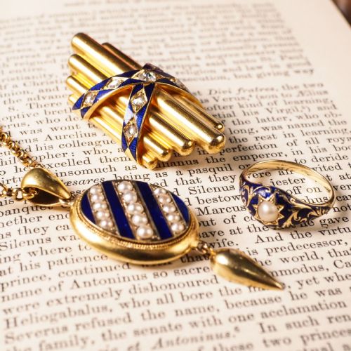 fig 4. A Fabulous Antique Victorian 18K Gold Enamel & Pearl Ring with Scrolled Decorations - c.1880
