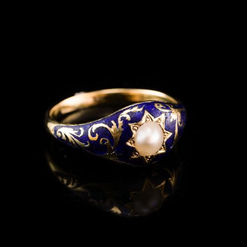 fig 6. A Fabulous Antique Victorian 18K Gold Enamel & Pearl Ring with Scrolled Decorations - c.1880
