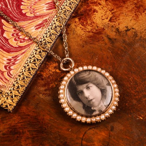 fig 3. Antique Victorian 15K Gold Photo Locket Pendant with Cluster Seed Pearl Border - c.1890s