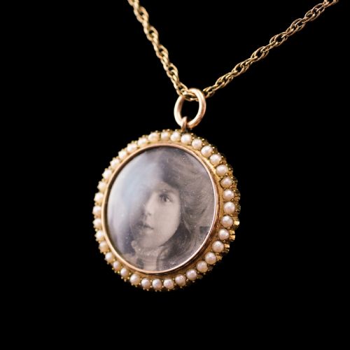 fig 4. Antique Victorian 15K Gold Photo Locket Pendant with Cluster Seed Pearl Border - c.1890s