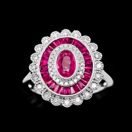 Ruby & Diamond 18k White Gold Cluster Target / Flower Ring