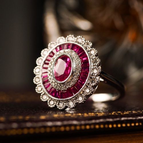 fig 1. Ruby & Diamond 18K White Gold Cluster Target / Flower Ring