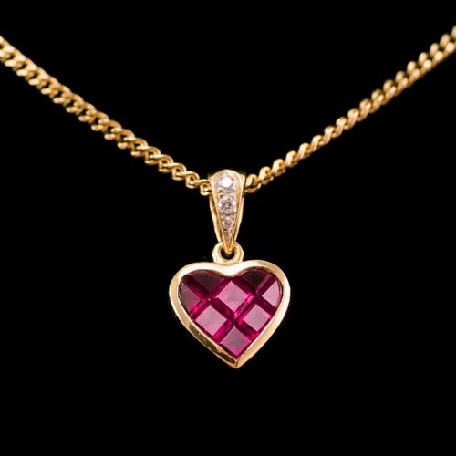 A Vintage Ruby & Diamond 18k Gold Heart Shaped Necklace