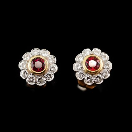 A Pair of Ruby & Diamond 18k Earrings Flower Cluster Design