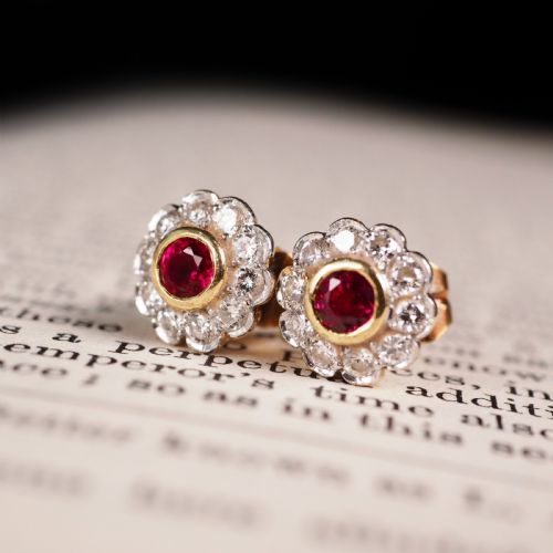 fig 1. A Pair of Ruby & Diamond 18K Earrings Flower Cluster Design