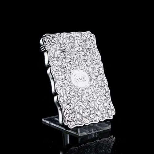 Antique Solid Silver Card Case Beautifully Hand Engraved Acanthus Motif - Edward Smith 1862