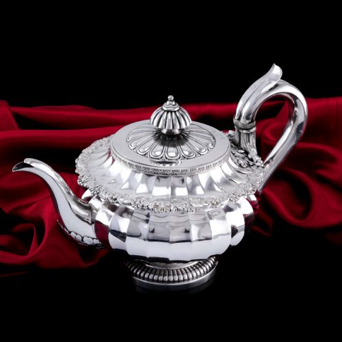 Antique Georgian Solid Silver Teapot Fluted Design by John Bridge (Rundell, Bridge & Rundell) 1827 - Top Maker