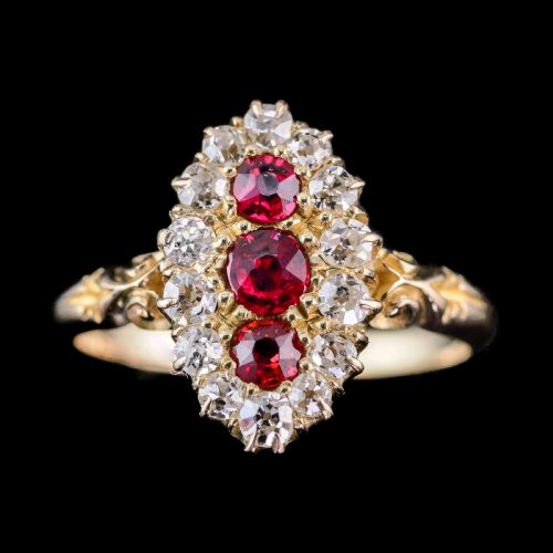 Antique Victorian Ruby & Diamond 18k Gold Navette Cluster Ring - C.1880