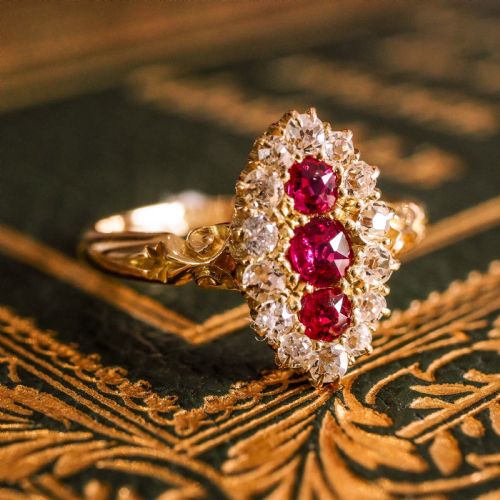 fig 1. Antique Victorian Ruby & Diamond 18K Gold Navette Cluster Ring - c.1880