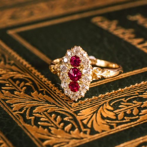 fig 2. Antique Victorian Ruby & Diamond 18K Gold Navette Cluster Ring - c.1880