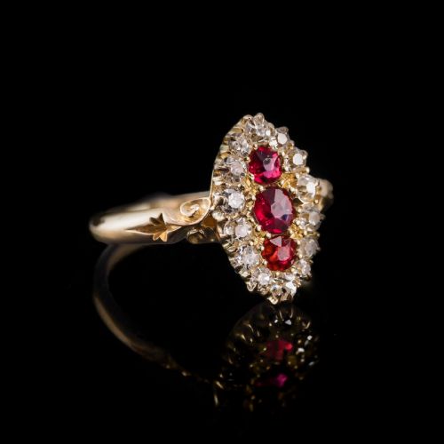 fig 3. Antique Victorian Ruby & Diamond 18K Gold Navette Cluster Ring - c.1880