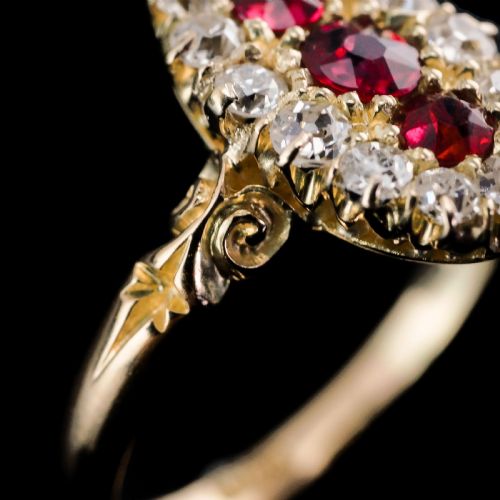 fig 4. Antique Victorian Ruby & Diamond 18K Gold Navette Cluster Ring - c.1880