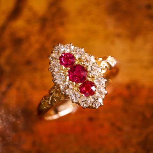fig 6. Antique Victorian Ruby & Diamond 18K Gold Navette Cluster Ring - c.1880