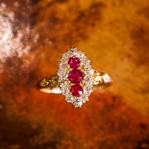 fig 7. Antique Victorian Ruby & Diamond 18K Gold Navette Cluster Ring - c.1880