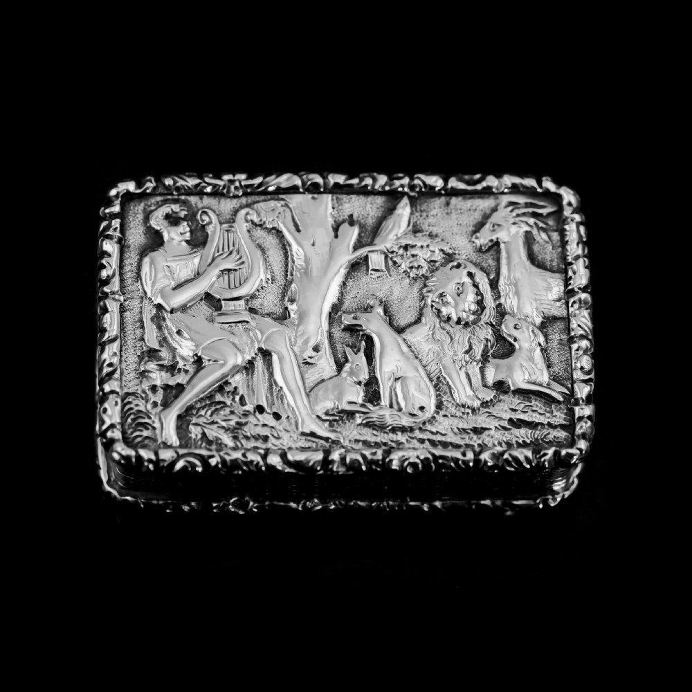 Rare Antique Georgian Solid Silver Vinaigrette Figural Scene with Animals & Harp 