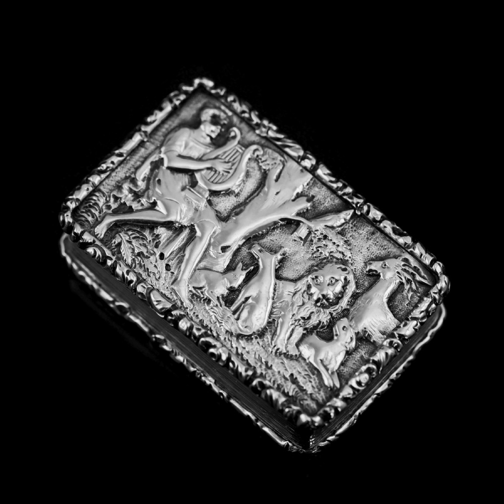 Rare Antique Georgian Solid Silver Vinaigrette Figural Scene with Animals & Harp 
