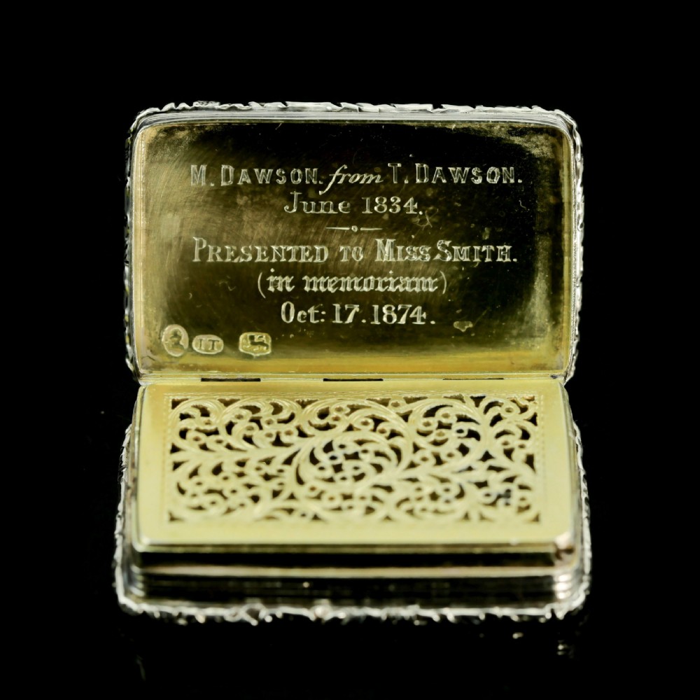Rare Antique Georgian Solid Silver Vinaigrette Figural Scene with Animals & Harp 