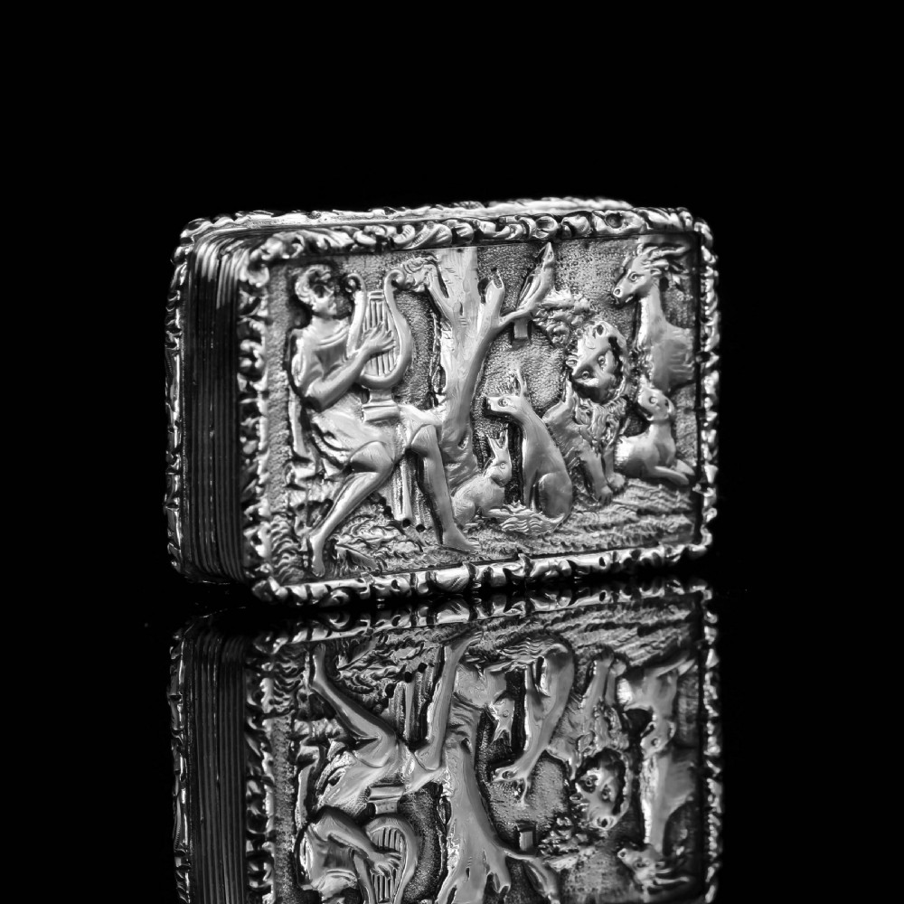 Rare Antique Georgian Solid Silver Vinaigrette Figural Scene with Animals & Harp 