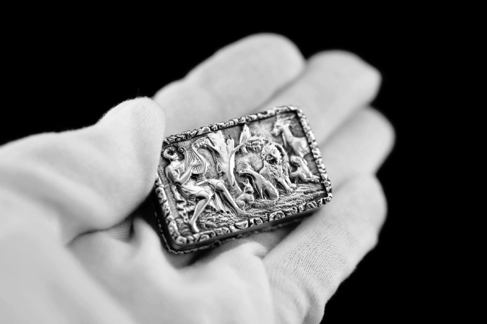 Rare Antique Georgian Solid Silver Vinaigrette Figural Scene with Animals & Harp 