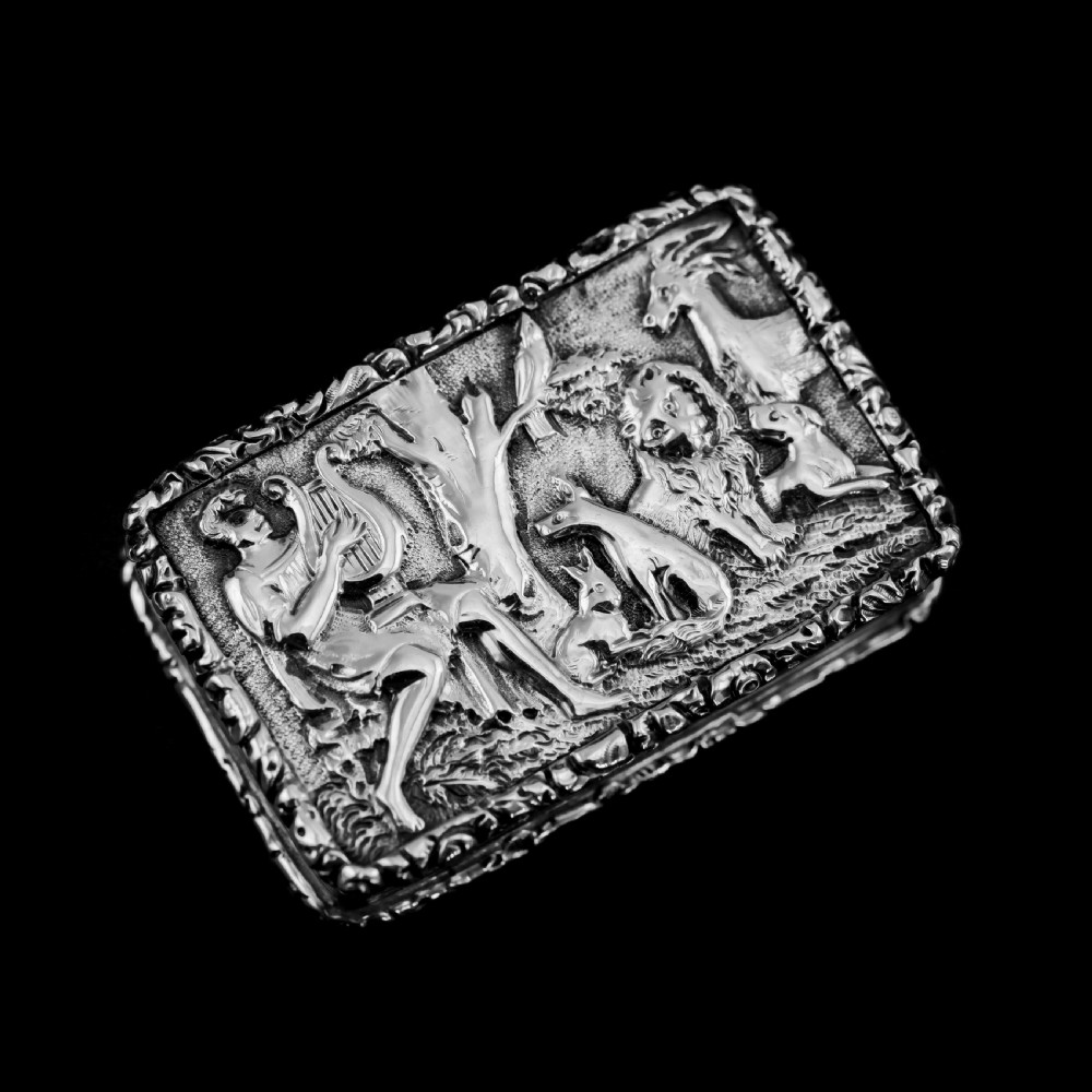 Rare Antique Georgian Solid Silver Vinaigrette Figural Scene with Animals & Harp 
