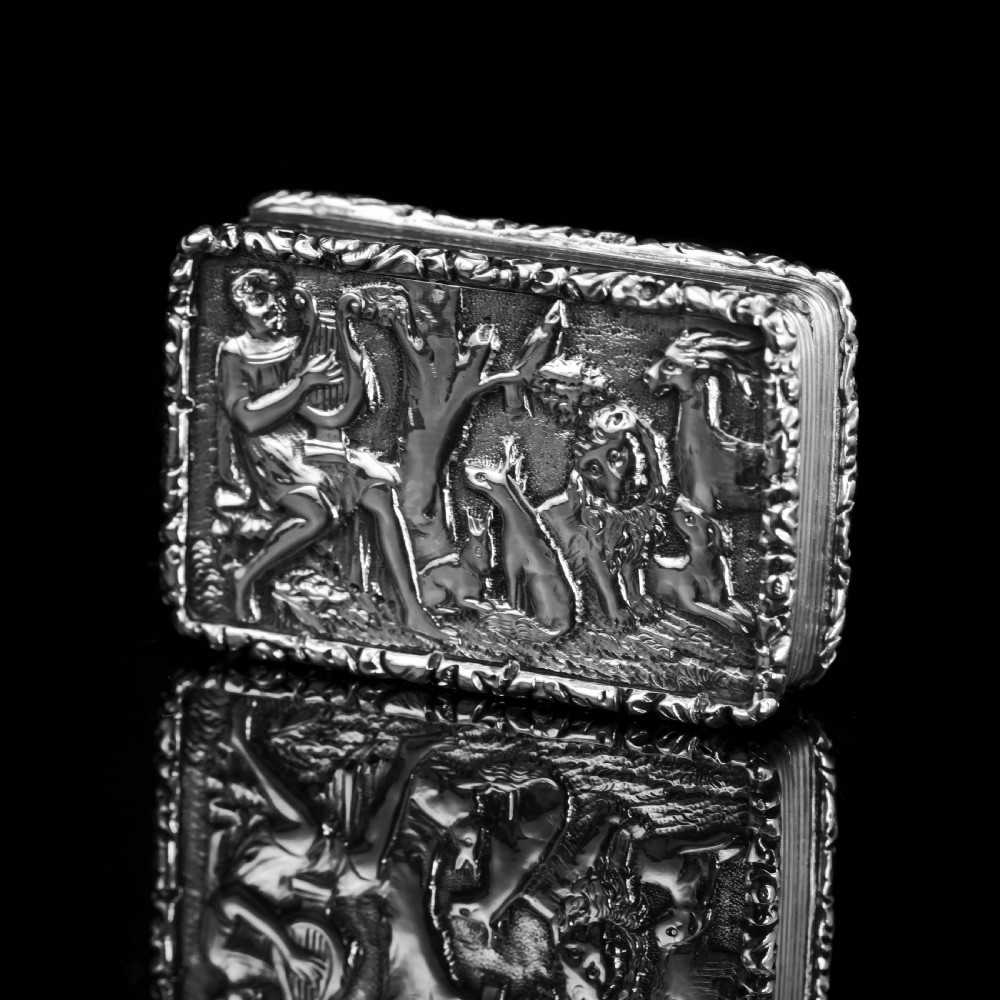 Rare Antique Georgian Solid Silver Vinaigrette Figural Scene with Animals & Harp 