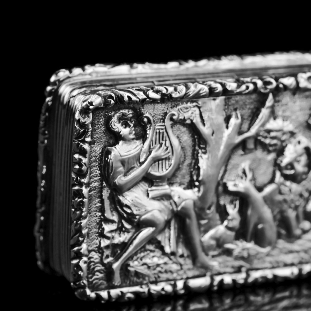 Rare Antique Georgian Solid Silver Vinaigrette Figural Scene with Animals & Harp 