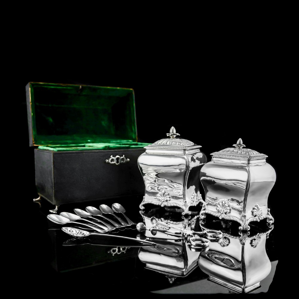 Antique Solid Silver Tea Caddy/Canister Set with Shagreen Box Case & Accessories - Peter (Pierre) Gillois 1759