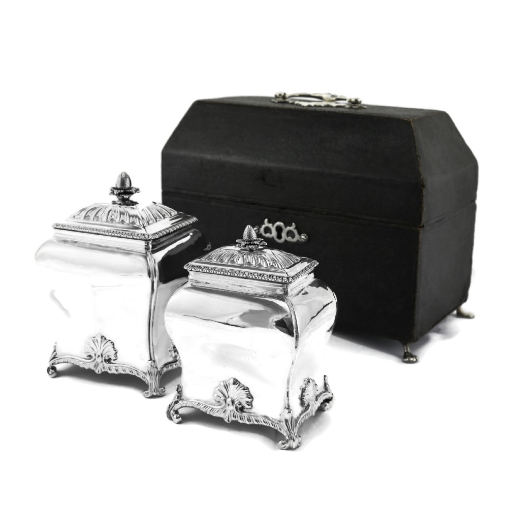 Antique Solid Silver Tea Caddy/Canister Set with Shagreen Box Case & Accessories - Peter (Pierre) Gillois 1759 View II